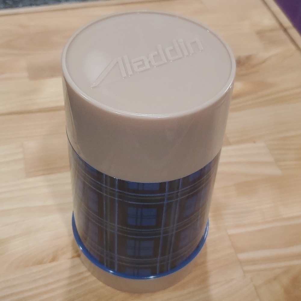 Vintage ALADDIN Thermos Bottle Blue Plaid WIDE Mouth One Pint Clean